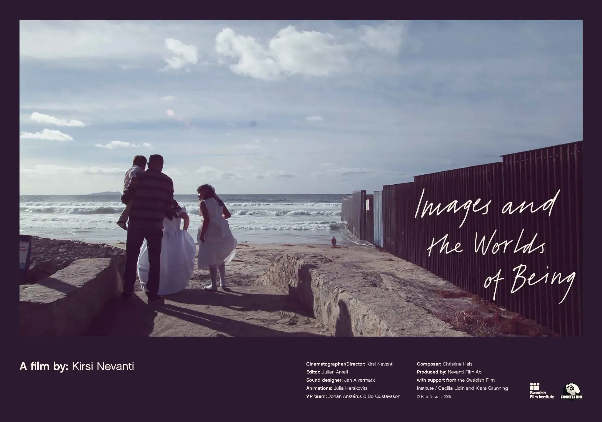 Key art for Images and the Worlds of Being — a family at a seawall beside a border fence, with the title handwritten across the image